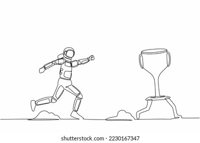 Single one line drawing astronaut trying to catch and running chasing after run away winner trophy. Losing in spaceship galaxy expedition competition. Continuous line draw design vector illustration