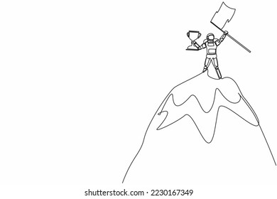 Single one line drawing astronaut lifting up trophy and flag on top of mountain. Win and reach goal in spaceship industry. Cosmic galaxy space. Continuous line draw graphic design vector illustration svg