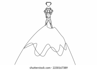 Single one line drawing astronaut lifting up trophy on top high mountain. Success and goal achievement in space wormhole research. Cosmic galaxy space. Continuous line draw design vector illustration