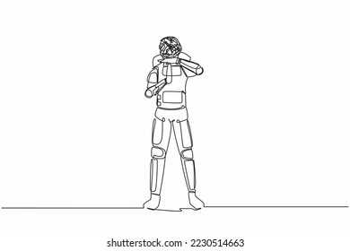 Single one line drawing astronaut with round scribbles instead of head. Stop working, time break gesture, timeout signal. Pause. Cosmic galaxy space. Continuous line graphic design vector illustration