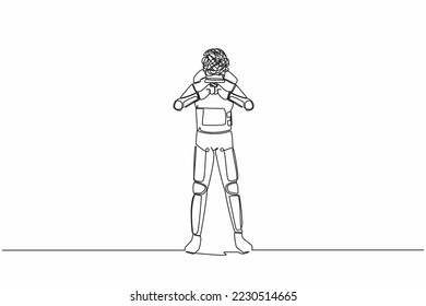 Single one line drawing astronaut with round scribbles instead of head. Sign crossing fingers forming x. Cross, wrong or banned. Cosmic galaxy space. Continuous line graphic design vector illustration
