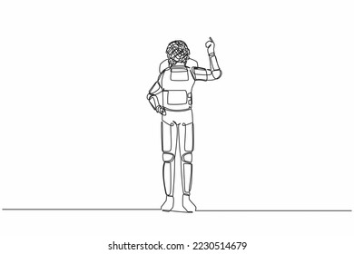 Single one line drawing astronaut with round scribbles instead of head, showing index finger, representing idea, solution. Cosmic galaxy space. Continuous line draw graphic design vector illustration