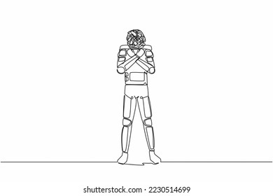 Single one line drawing astronaut with round scribbles instead of head. Spaceman with fist clenched, arms crossed gesture. Cosmic galaxy space. Continuous line draw graphic design vector illustration