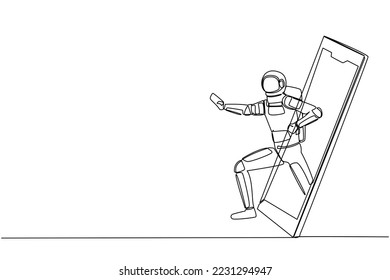 Single one line drawing astronaut karateka stance and getting out of smartphone screen. Mobile sports play matches. Duel martial art online game. Continuous line draw design vector illustration