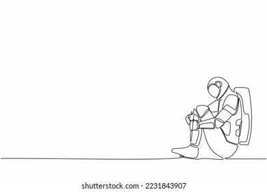 Single one line drawing of astronaut suffer sadness melancholy sitting in despair on the floor. Failed in spaceship exploration. Cosmic galaxy space. Continuous line graphic design vector illustration