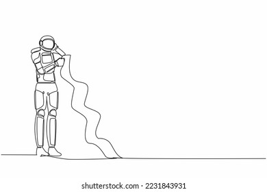 Single one line drawing astronaut standing with long paper, think about paying bills spaceship development during crisis. Cosmic galaxy space. Continuous line draw graphic design vector illustration