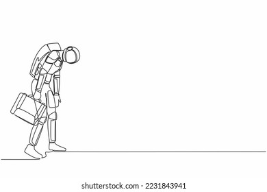 Single one line drawing of astronaut holding briefcase and looking down. Bankruptcy spaceship company due to economic recession. Cosmic galaxy space. Continuous line graphic design vector illustration