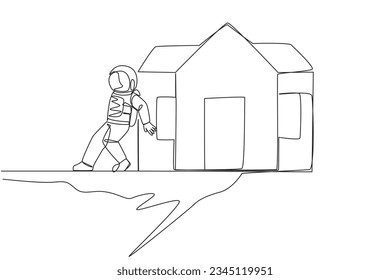 Single one line drawing astronaut pushed miniature house down with his back from the edge of cliff. The concept of tough man in outer space. Galaxy space. Continuous line design graphic illustration