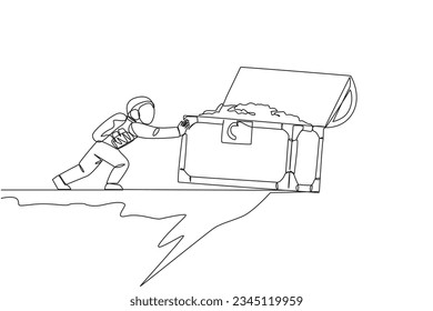 Single one line drawing astronaut pushes giant open treasure chest over the edge of cliff. Tough man in outer space. Cosmic galaxy space concept. Spaceman. Continuous line design graphic illustration