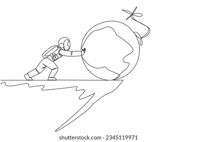 Single one line drawing astronaut push large bomb with a burning fuse over the edge of a cliff. Eliminate danger until it falls over the edge of the abyss. Continuous line design graphic illustration