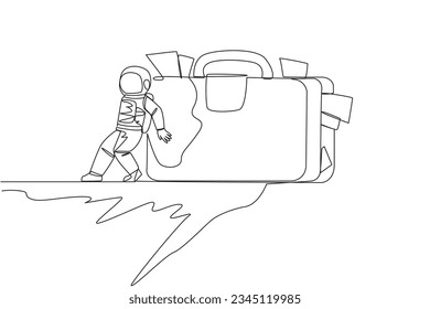 Single one line drawing astronaut pushed giant briefcase down with his back from the edge of a cliff. Tough man in outer space. Cosmic galaxy space concept. Continuous line design graphic illustration