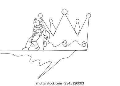 Single one line drawing astronaut pushed giant crown down with his back from the edge of the cliff. Achievement of a successful expedition without a crown. Continuous line design graphic illustration