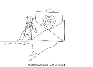 Single one line drawing astronaut pushed giant email icon down with back from the edge of cliff. Eliminate emails that distract the team during expeditions. Continuous line design graphic illustration