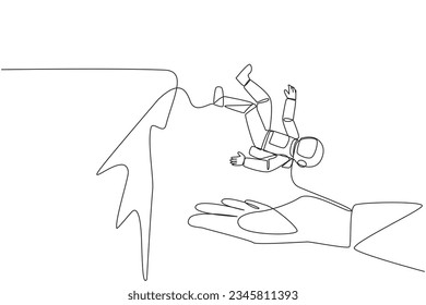 Single one line drawing the astronaut fell off cliff but was held up by big hand. Teamwork to step up to a better arrow together. Cosmic galaxy deep space. Continuous line design graphic illustration