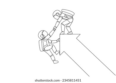 Single one line drawing astronaut pulled the arm of another astronaut that almost fell from the big arrow. Team work to help colleagues. Galaxy deep space. Continuous line design graphic illustration