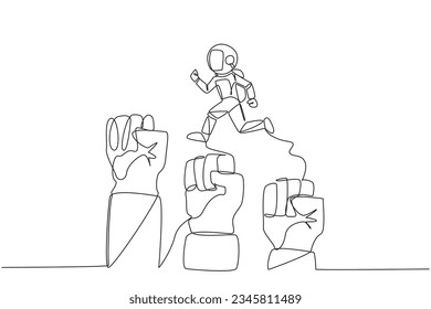 Single one line drawing astronaut running leaping over three large clenched fists. Teamwork managed to get through the bigger challenges. Cosmonaut. Cosmic. Continuous line design graphic illustration