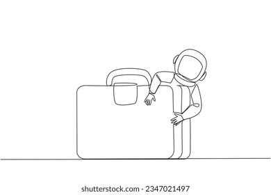 Single one line drawing astronaut hugging briefcase. Preparations on earth to conduct research in outer space. Cosmic galaxy space. Cosmonaut deep space. Continuous line design graphic illustration