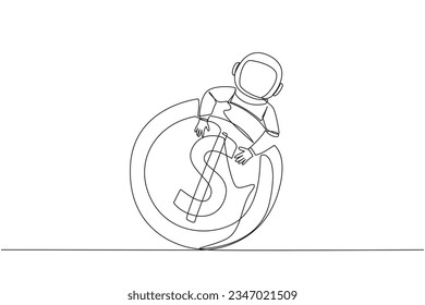 Single one line drawing astronaut hugging dollar sign coin. Not only finding water, astronaut also found coins while on expeditions on the moon's surface. Continuous line design graphic illustration