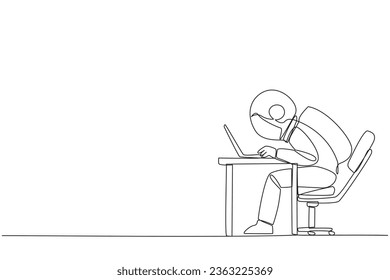 Single one line drawing astronaut sitting and typing on laptop computer. Work hard to achieve maximum expected results. Overtime and work smart. Spaceman. Continuous line design graphic illustration