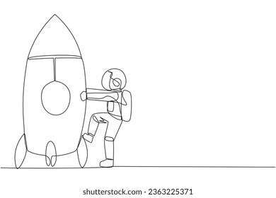 Single one line drawing astronaut and rocket. Get ready to ride rocket that will launch. Metaphors bring business success. Cosmonaut deep space. Spaceship. Continuous line design graphic illustration