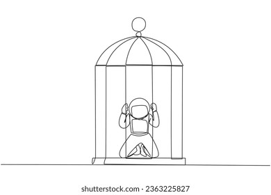 Single one line drawing astronaut trapped in the cage kneeling holding iron bars. Framed by business partner. Have to bear all the consequences. Unfair. Continuous line design graphic illustration