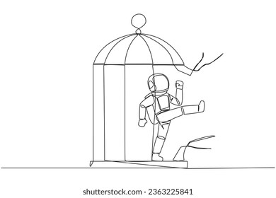 Single one line drawing astronaut trapped in the cage kick the caged until wrecked. Freedom of expression for the smooth running of business. Distractions. Continuous line design graphic illustration