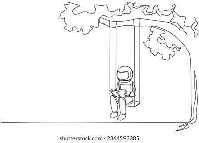 Single one line drawing astronaut sitting on a swing attached to a tree shady reading a book. Really enjoyed the storyline of the fiction book. Makes relax. Continuous line design graphic illustration