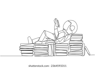 Single one line drawing astronaut lying down on a stack of books lined up. Relax while reading the fiction book. Enjoy the storyline. Book festival concept. Continuous line design graphic illustration