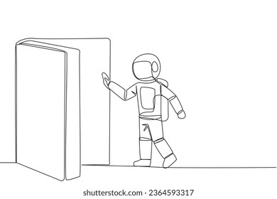 Single one line drawing astronaut open the book-shaped door. Book can open mind and see everywhere. Increase knowledge about the wider world. Book festival. Continuous line design graphic illustration