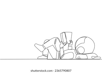 Single one line drawing astronaut lying on back reading book. Reading favorite comic. Big fan of fiction books. Enjoy storyline. Reading increase insight. Continuous line design graphic illustration