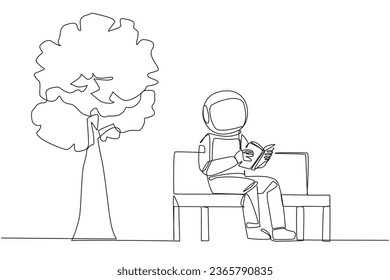 Single one line drawing astronaut sitting on park bench reading book. Learn by re-reading textbook. Read to get maximum marks. Reading increase insight. Continuous line design graphic illustration