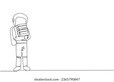 Single one line drawing astronaut standing hug some books. Favorite book that finish reading. Some books will be donated to national library. Charity. Knowledge. Continuous line graphic illustration