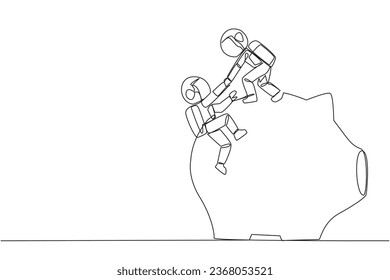 Single one line drawing astronaut helps colleague climb the big piggy bank. Remind each other in kindness. Investment for the future. Super great teamwork. Continuous line design graphic illustration