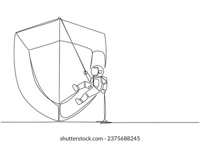 Single one line drawing astronaut climbs shield with rope. Working to help clients secure servers from virus attacks. Check each layer. IT entrepreneur. Continuous line design graphic illustration