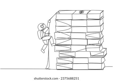 Single one line drawing astronaut climbs stack of banknotes with rope. The hard worker to raise capital to create a new business. For better future life. Continuous line design graphic illustration