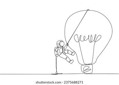 Single one line drawing astronaut climbing lightbulb with rope. Trying to reach high places to get useful fresh ideas. For the company's benefit. Work hard. Continuous line design graphic illustration