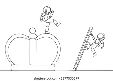 Single one line drawing astronaut kicks opponent who is climbing the crown with a ladder. Making rivals fall from the business glory. Unhealthy competition. Continuous line design graphic illustration