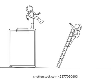 Single one line drawing astronaut kicks opponent who is climbing a big clipboard with a ladder. The bully will ruin the daily report. Chase away bullies. Continuous line design graphic illustration