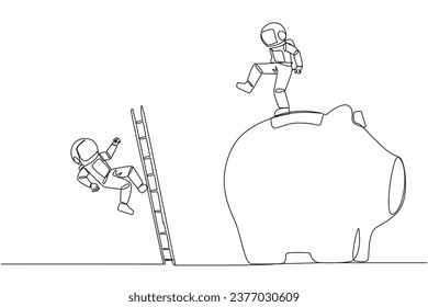 Single one line drawing astronaut kicks opponent who is climbing piggy bank with stair. Bringing down opponents so don't have any investment in the future. Continuous line design graphic illustration