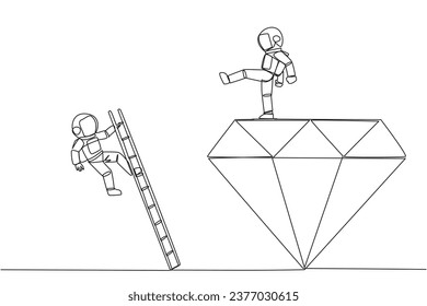 Single one line drawing astronaut kicks rival who is climbing the diamond with a ladder. Knocking rival down from achieving a glorious position together. Continuous line design graphic illustration