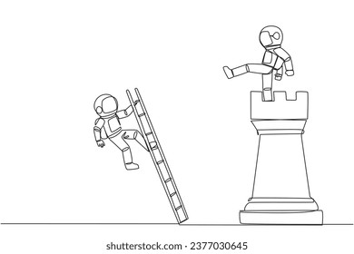 Single one line drawing astronaut kicks opponent who climbing the chess rook with ladder. Wrong move. Wrong strategy. Plan leaked by colleague. Traitor. Continuous line design graphic illustration