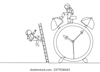 Single one line drawing astronaut kicks opponent who climbs the alarm clock with ladder. Arrogance. No need for colleagues to complete many deadlines. Continuous line design graphic illustration