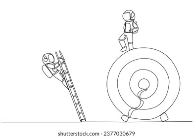 Single one line drawing astronaut kicks colleague who is climbing the target arrow board with a ladder. The metaphor of getting rid of business destroyers. Continuous line design graphic illustration