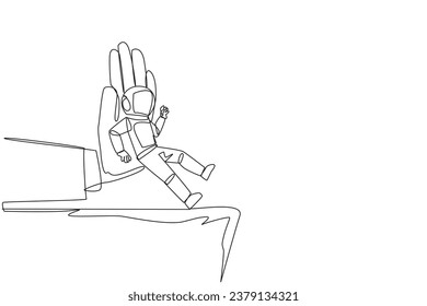 Single one line drawing astronaut standing on the edge of a cliff. Something big wants to bring down the business. Invisible enemy. Bring down competitor. Continuous line design graphic illustration