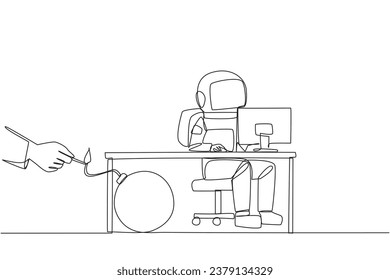 Einzeilige Astronautentipps in einer Linie am Computer. Gefangen von Geschäftspartnern. Eine Bombe, die jederzeit explodieren könnte. Verrät von einem Kollegen. Grafische Abbildung des Liniendesigns
