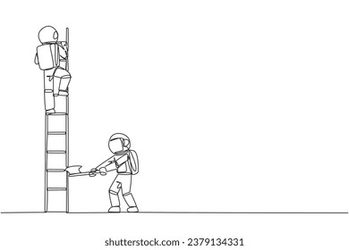 Un astronauta de dibujo de una sola línea sube la escalera para lograr la recompensa esperada. Destruidos silenciosamente. El negocio no se desarrolló. Destruidos por traidores. Ilustración gráfica de diseño de línea continua