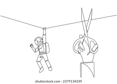 Single one line drawing the astronaut hanging from rope. A big hand that want to cut the rope. Maintaining a nearly useless business. Thwarted by traitors. Continuous line design graphic illustration