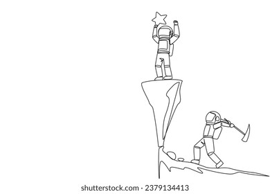 Single one line drawing astronaut standing on a cliff lifting a star. An envious friend, eating away at success from the inside to fall down. The traitor. Continuous line design graphic illustration