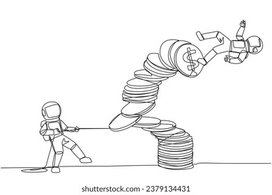 Single one line drawing astronaut pull one of a piles of coins who made the person on top fall. Business fraud. Misappropriation of office money. Traitor. Continuous line design graphic illustration