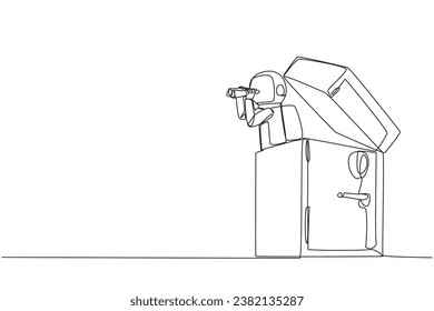 Single one line drawing astronaut emerges from safe deposit box look for something with binocular. Looks for safest place to store expedition report documents. Continuous line graphic illustration